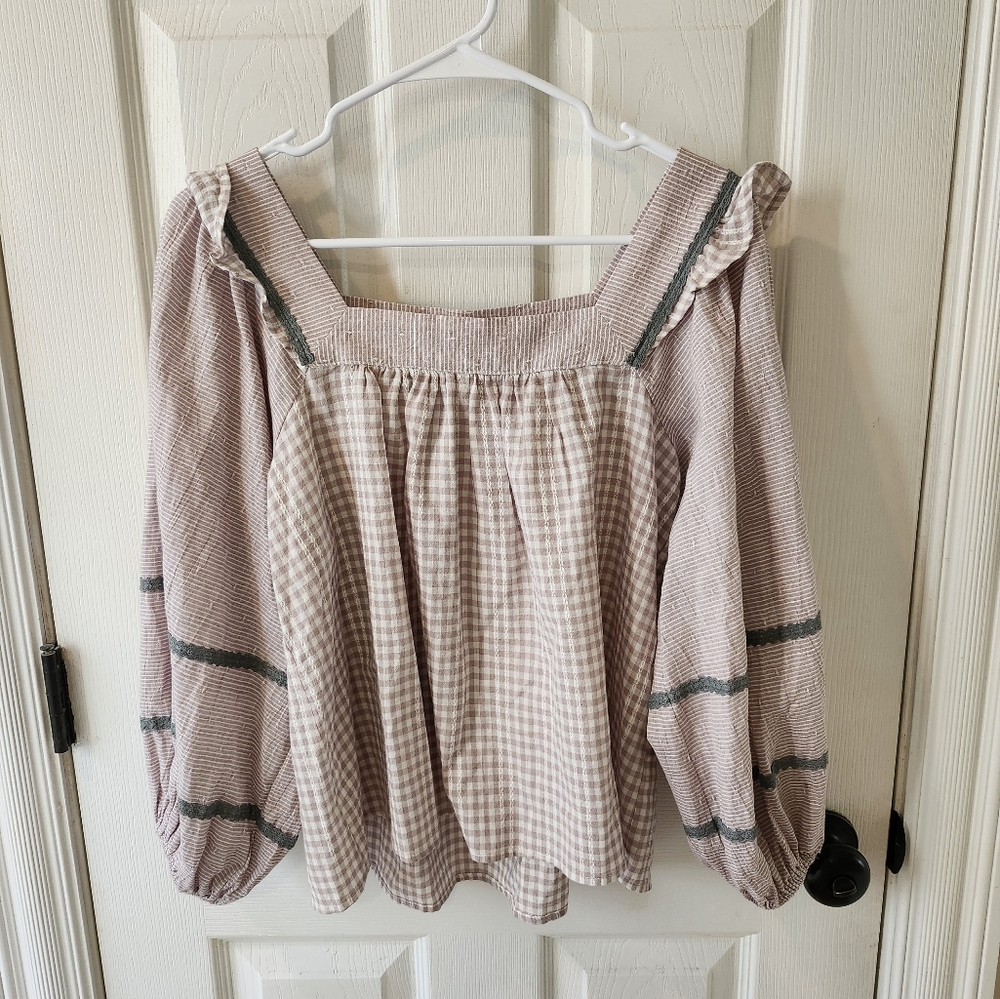 Gingham Checkered Blouse with Ruffle Details